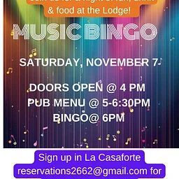 Music Bingo with pub Menu