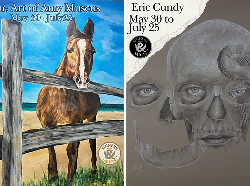 Art exhibit at Sinners & Saints featuring Artists Amy Muskus & Eric Cundy
