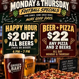 Monday and Thursday Happy Hour at Grossen Bart Brewery (5–7 PM)