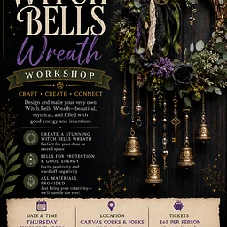 Witch Wreath Bells! Bring your best intentions & vibes! Midnight Lavender Margarita Cocktail Specials! FREE Mac N’ Cheese Bar!Just $65!