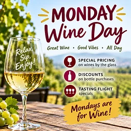 Wine Day Monday – Special Pricing on wine by the glass, bottle and flight