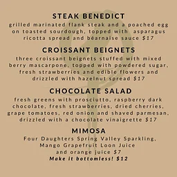 Brunch specials, bottomless mimosas and regular menu all day!