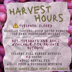 TASTING ROOM CLOSED - Harvest Hours!
