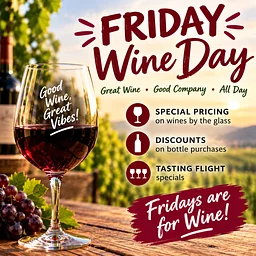 Wine Day Friday – Special Pricing on Wine by the glass, bottle and flight